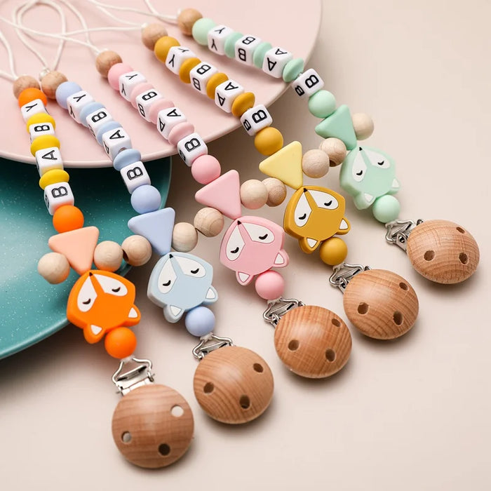 Personalized Name Handmade Silicone Pacifier Clips Holder Chain Fox Shape Teether Pacifier Chain Pacifiers Leashes Cases Gifts