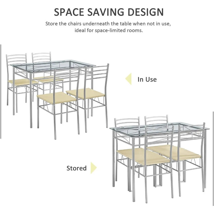 5-piece dining table set for 4 people, with chairs, glass countertop, small space, silver color