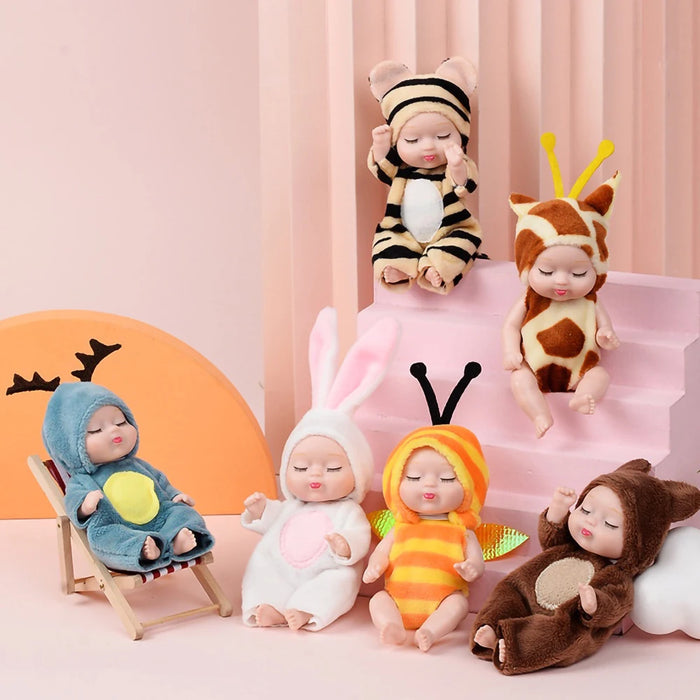 12cm Mini Reborn Doll with Cartoon Animal OP Costumes Cute Cute 4.3inch Sleep Series Reborn Baby Doll Kit Holiday Gift