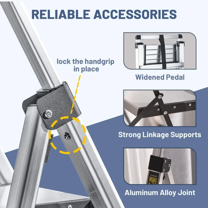 Step Stool for 3 Step, Retractable Handgrip Folding Step with Anti-Slip Wide Pedal, Pass 330lbs Load Testing, Folding Ladder