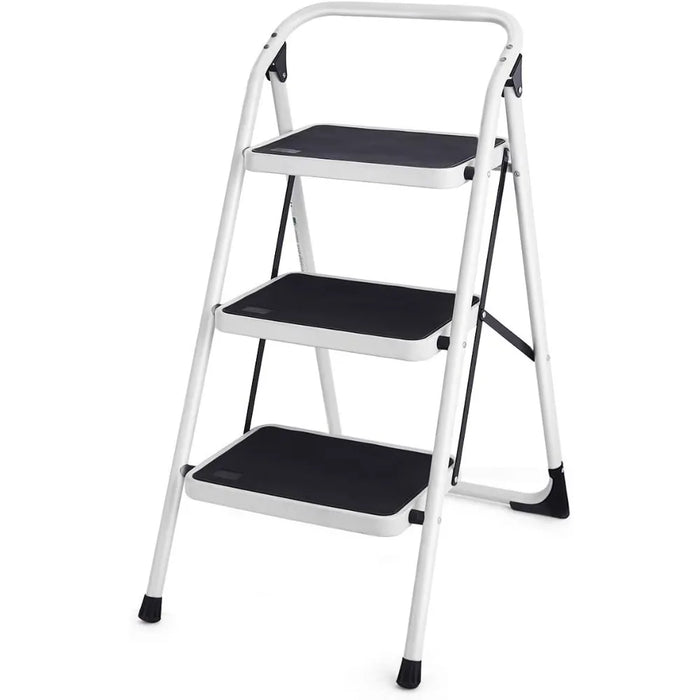 Goplus 3 Step Ladder, Folding Heavy Duty Step Stool Lightweight Steel Ladder with Handgrip and Wide Anti-Slip Platform for