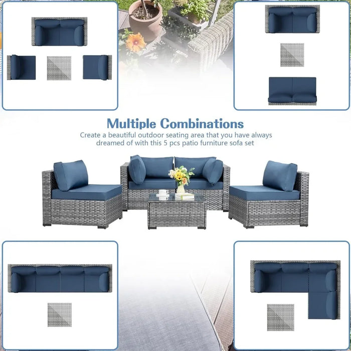 5 Pieces Outdoor Patio Sectional Sofa Couch, PE Wicker Furniture Conversation Sets with Washable Cushions & Glass Coffee Table