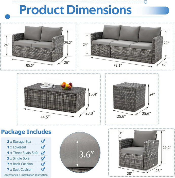 7 Pieces Outdoor Patio Furniture Sets w/Two Storage Boxes, Outdoor Conversation Set All-Weather PE Wicker Sectional Sofa