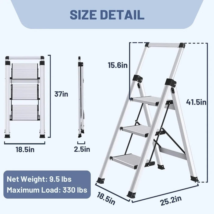 Step Stool for 3 Step, Retractable Handgrip Folding Step with Anti-Slip Wide Pedal, Pass 330lbs Load Testing, Folding Ladder