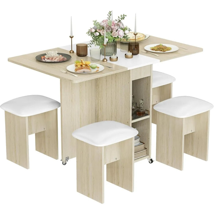 Dining table, 4-person folding dining table set with 4 leather chairs, space saving foldable dining table with 6 wheels