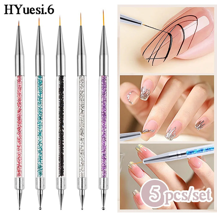 5pcs/Set 2 In 1 Dual-Ended Nail Art Liner Brushes With Crystal Handle Professional UV Gel Dotting Painting Drawing Pen DIY Tools