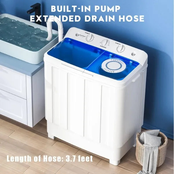 Portable Washing Machine, 28lbs Twin Tub Washer Mini Compact Laundry Machine with Drain Pump, Semi-automatic 18lbs