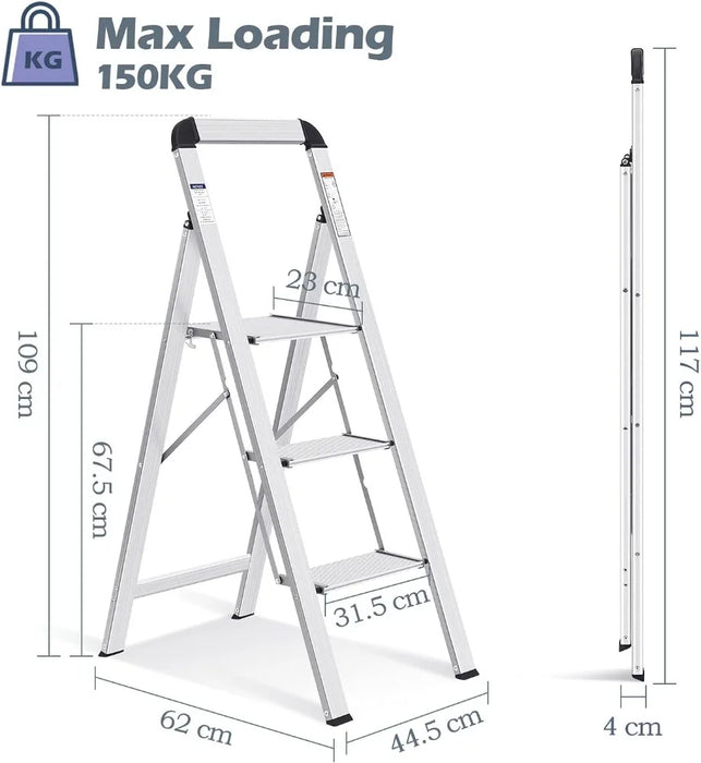 KINGRACK Aluminium 3 Step Ladder, Lightweight Step Stool with Non-Slip Pedals, Handrail, 330 LBS Foldable Step Ladder