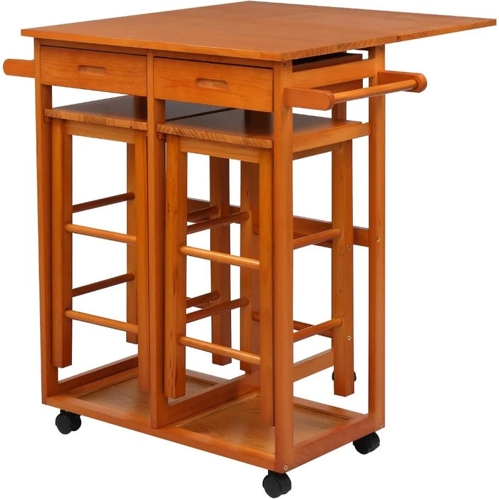 Storage Rack Trolley, Easy To Assemble Kitchen Island Trolley with Solid Wood Folding Table with 2 Square Stools and 2 Drawers