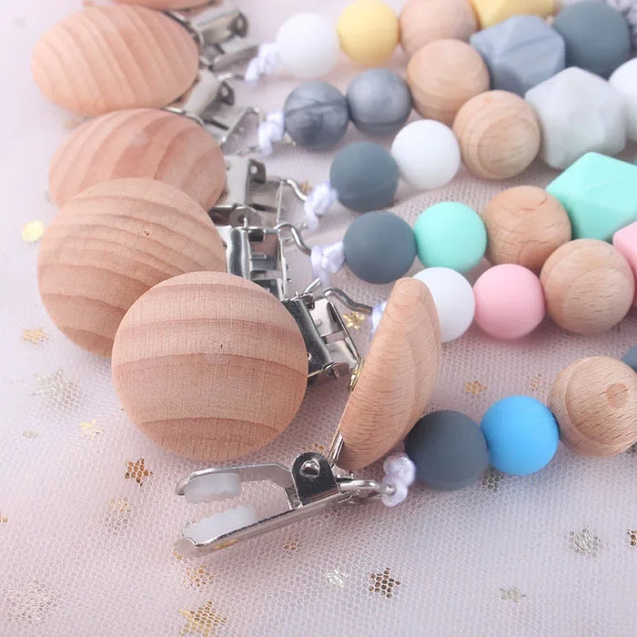 Silicone Dummy Clips Baby Pacifier Leashes & Cases  Infant Teething Toys Beech Cartoon Wooden Chewable Toy Newborn Shower Gifts