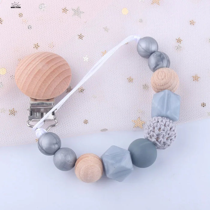 Silicone Dummy Clips Baby Pacifier Leashes & Cases  Infant Teething Toys Beech Cartoon Wooden Chewable Toy Newborn Shower Gifts