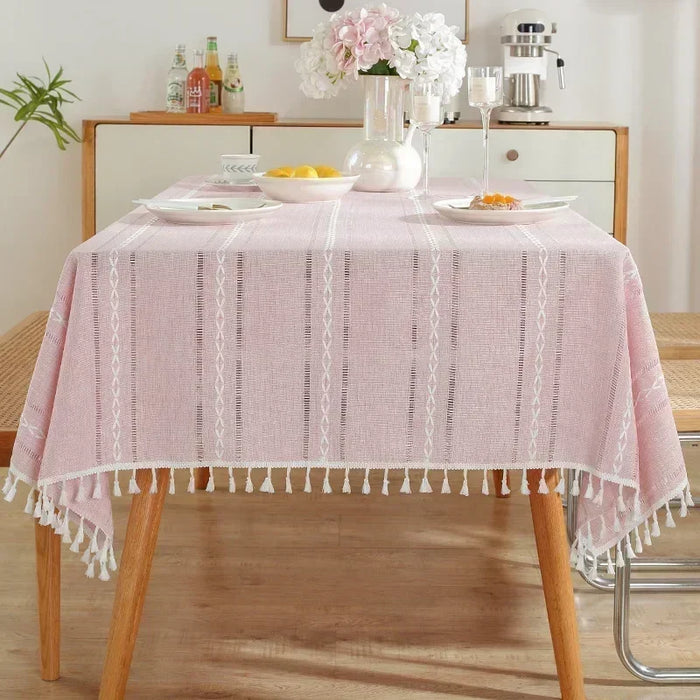 Christmas table Cloth Hollow Tassel solid color long-striped Jacquard tablecloth tea mat cotton linen gray22