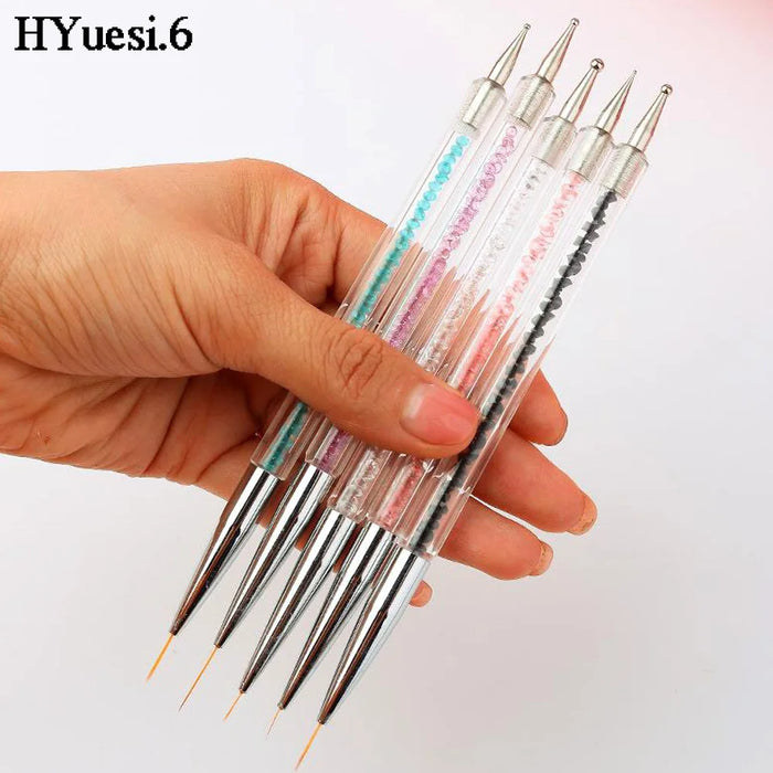 5pcs/Set 2 In 1 Dual-Ended Nail Art Liner Brushes With Crystal Handle Professional UV Gel Dotting Painting Drawing Pen DIY Tools