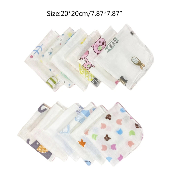 10Pcs 20x20cm Baby Washcloths Set Cartoon Print Double Layer Gauze Infant Face Towel Reusable Wipes Absorbent Square QX2D