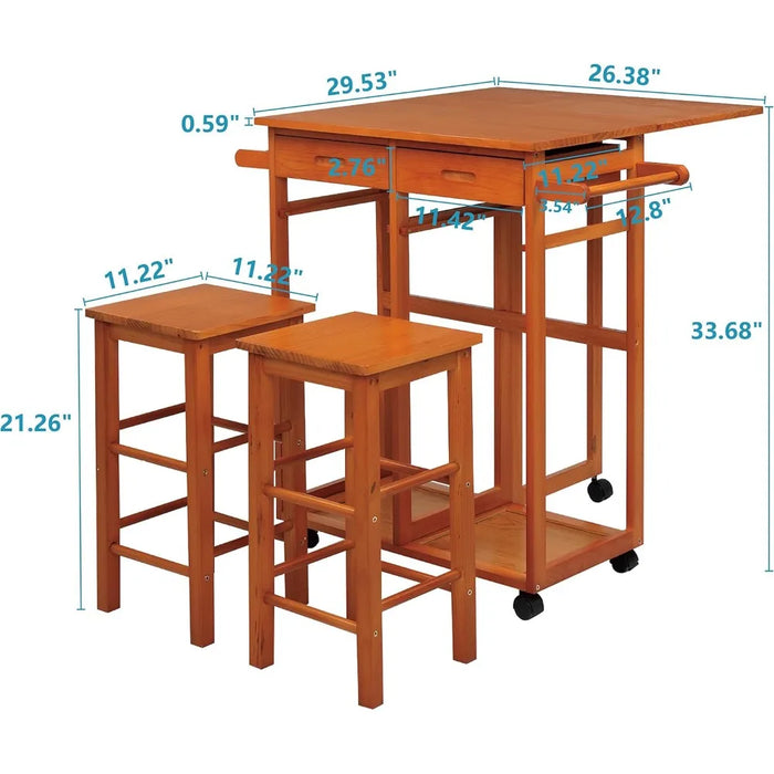 Storage Rack Trolley, Easy To Assemble Kitchen Island Trolley with Solid Wood Folding Table with 2 Square Stools and 2 Drawers