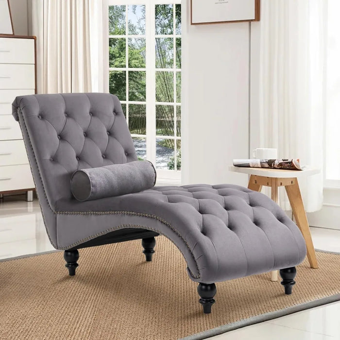 Tufted Chaise Lounge Chair Indoor, Velvet Chaise Lounges with Solid Wood Legs & Support Pillow