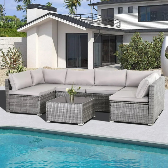 7/8 Pieces Patio Furniture Set, Modular Patio Set Wicker Outdoor Sectional Sofa Set PE Rattan Wicker Patio Conversation Set