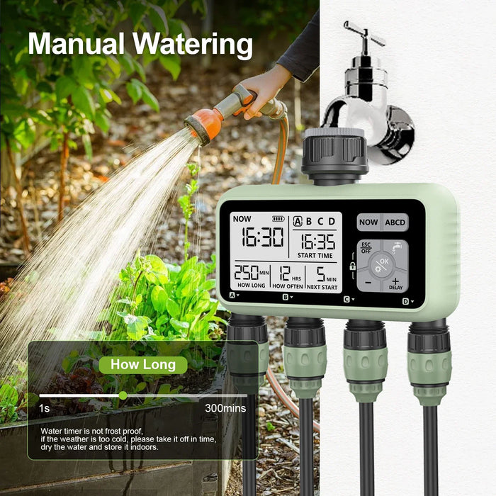 Reswat  4-Outlets Water Timer Automatic Drip Irrigation Controller Water Valve 4-way Independent Control Program Garden Tool