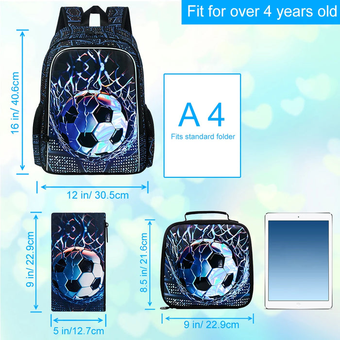 3Pcs Soccer Backpack for Boys, 16" Kids School Bookbag with Lunch Box, Football Backpacks Set for Elementary Preschool Kindergar