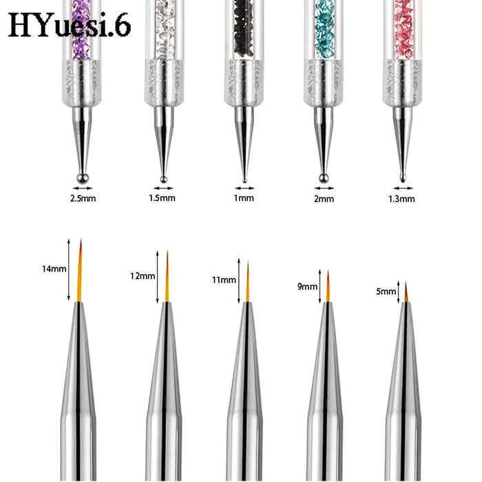 5pcs/Set 2 In 1 Dual-Ended Nail Art Liner Brushes With Crystal Handle Professional UV Gel Dotting Painting Drawing Pen DIY Tools