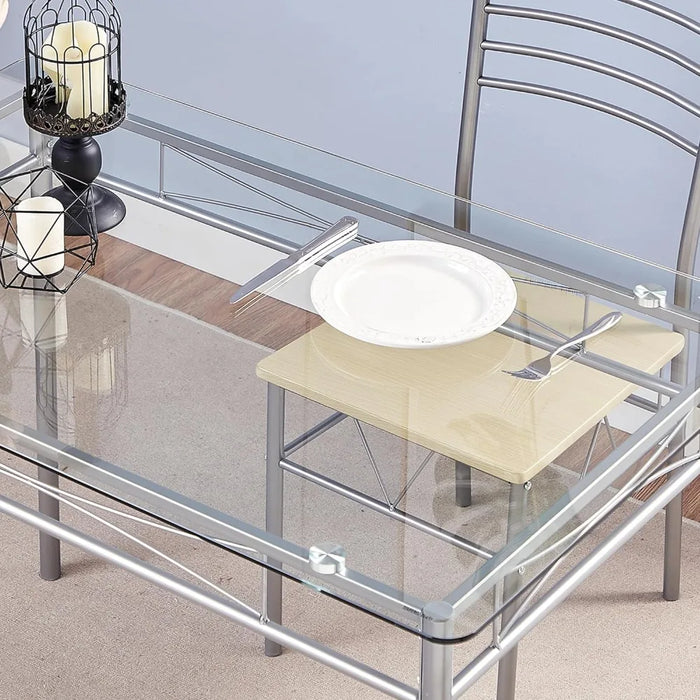 5-piece dining table set for 4 people, with chairs, glass countertop, small space, silver color