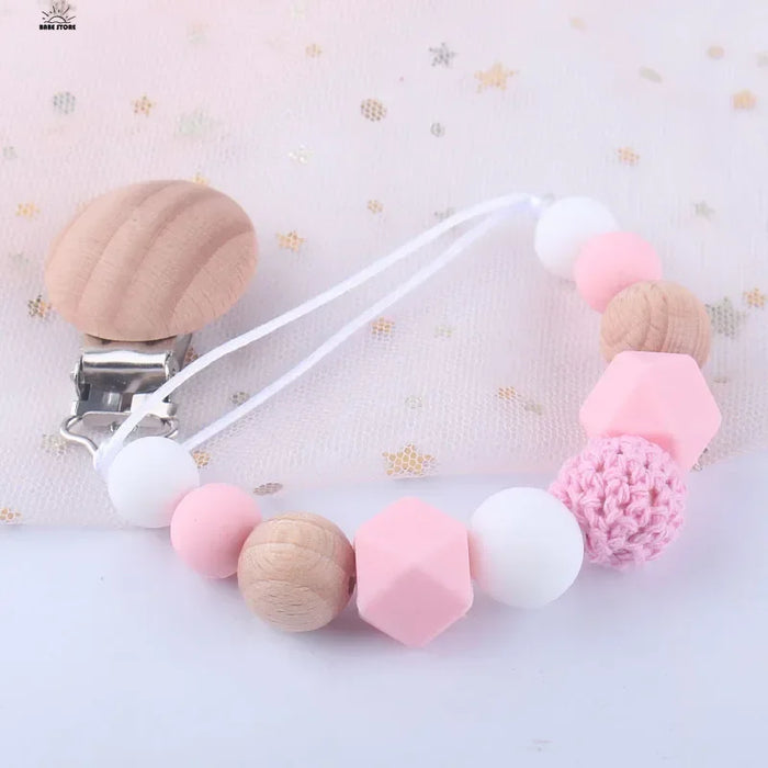 Silicone Dummy Clips Baby Pacifier Leashes & Cases  Infant Teething Toys Beech Cartoon Wooden Chewable Toy Newborn Shower Gifts