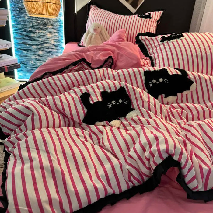 Korean Style Bedding Set Green Strip Black Cat Embroidery Washed Cotton  Duvet Cover Cute Cardboard  Bed linen Comforter Sets