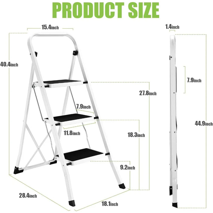 3 Step Ladder, Lightweight Folding Step Stools for Adults with Anti-Slip Pedal, Portable Sturdy Steel Ladder with Handrails