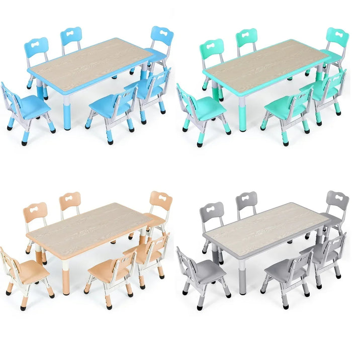 Rectangle Kids Table with 6 Chairs Set, Height Adjustable Toddler Multi Activity Table Set, Arts&Crafts Desk for Girls, 2-10 old