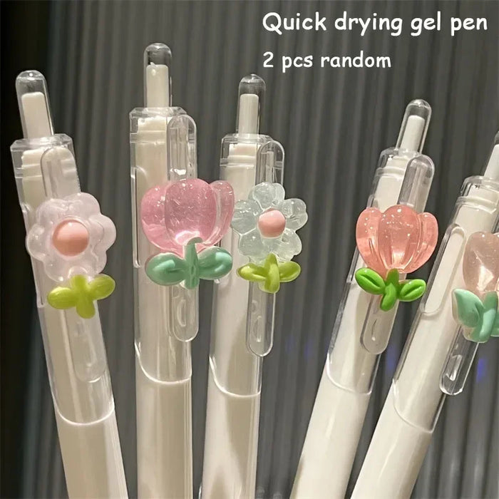 New 2PCS Cute Flower Gel Pens Quick-Drying Black Ink Aesthetic Kawaii Flower Gel Pen 0.5mm ST Tip Writting Pen Random Color