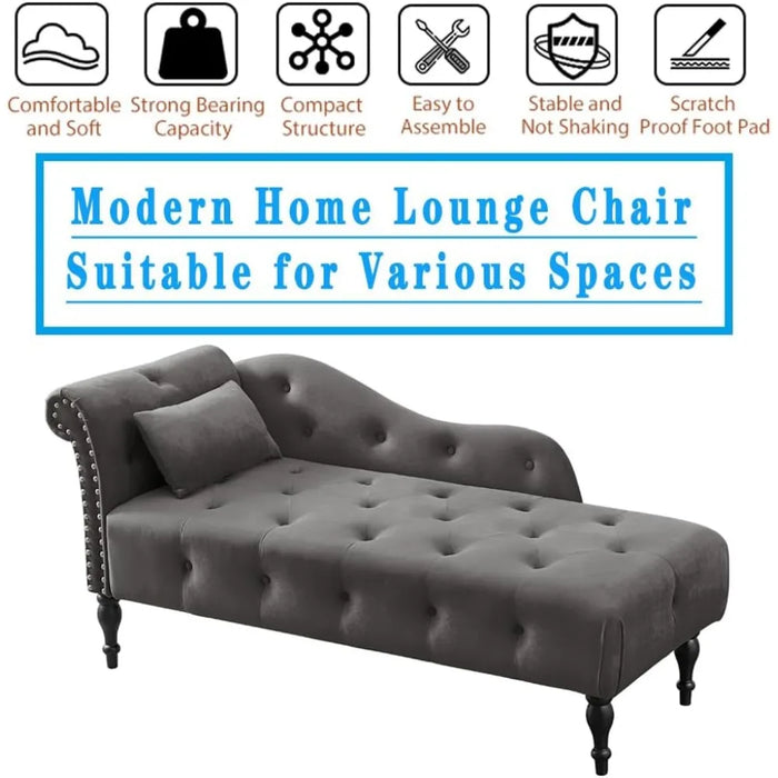 Tufted Upholstered Velvet Rolled Arm Chaise Lounges Indoor Chair, Right Arm Facing Chaise Lounge with Nailhead Trim and 1 Pillow