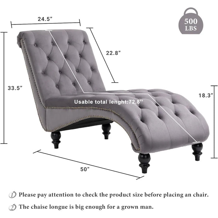 Tufted Chaise Lounge Chair Indoor, Velvet Chaise Lounges with Solid Wood Legs & Support Pillow