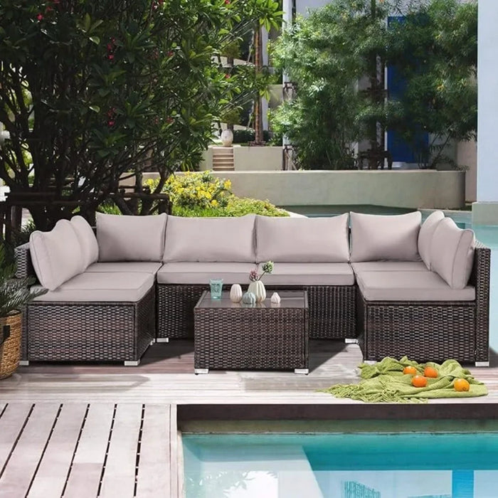 7 Pieces Patio Furniture Set, Modular Patio Set Wicker Outdoor Sectional Sofa Set PE Rattan Wicker Patio Conversation Set