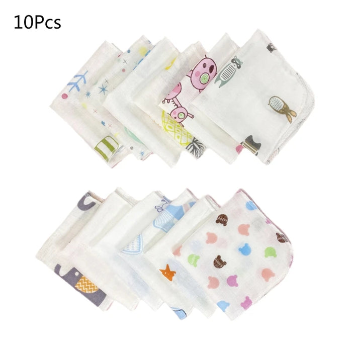 10Pcs 20x20cm Baby Washcloths Set Cartoon Print Double Layer Gauze Infant Face Towel Reusable Wipes Absorbent Square QX2D