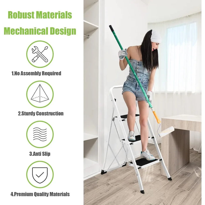 3 Step Ladder, Lightweight Folding Step Stools for Adults with Anti-Slip Pedal, Portable Sturdy Steel Ladder with Handrails