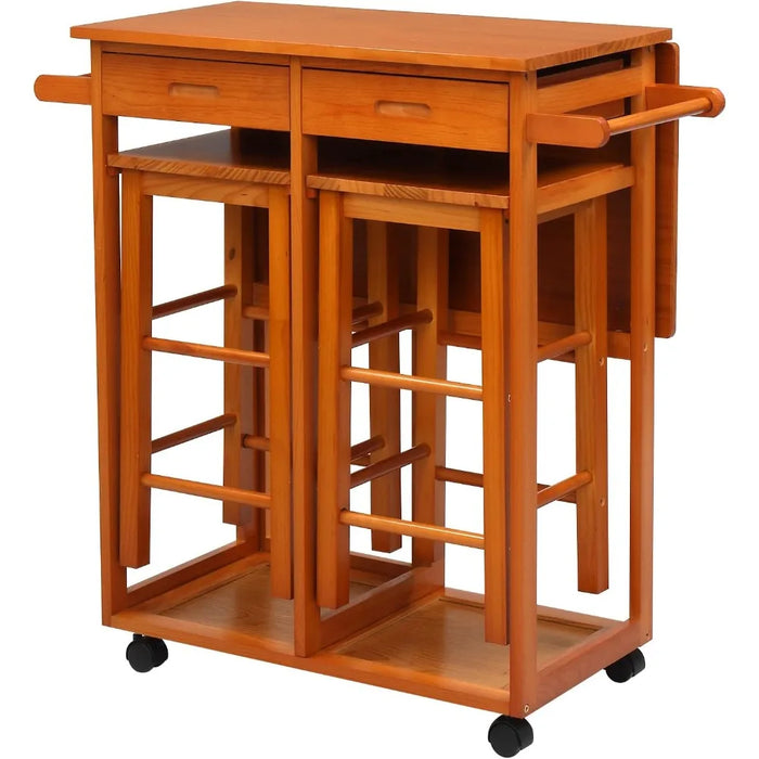 Storage Rack Trolley, Easy To Assemble Kitchen Island Trolley with Solid Wood Folding Table with 2 Square Stools and 2 Drawers