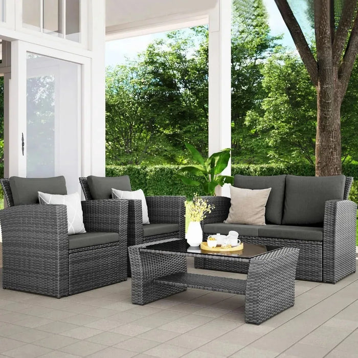 4 Piece Outdoor Patio Furniture Sets, Wicker Conversation Set, Gray Rattan Sofa Chair with Cushion, Garden Furniture Set