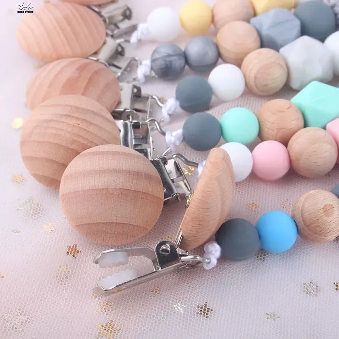 Silicone Dummy Clips Baby Pacifier Leashes & Cases  Infant Teething Toys Beech Cartoon Wooden Chewable Toy Newborn Shower Gifts