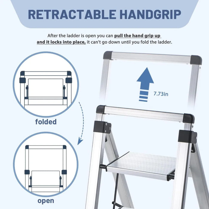 Step Stool for 3 Step, Retractable Handgrip Folding Step with Anti-Slip Wide Pedal, Pass 330lbs Load Testing, Folding Ladder