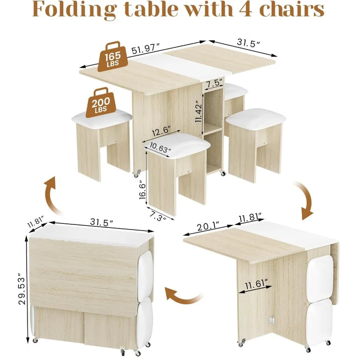 Dining table, 4-person folding dining table set with 4 leather chairs, space saving foldable dining table with 6 wheels