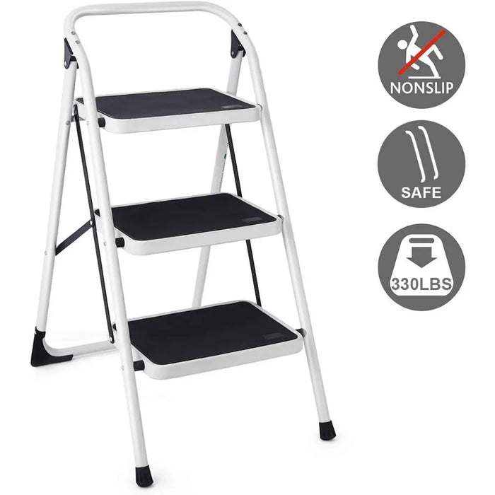 Goplus 3 Step Ladder, Folding Heavy Duty Step Stool Lightweight Steel Ladder with Handgrip and Wide Anti-Slip Platform for