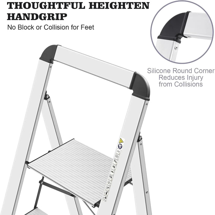 KINGRACK Aluminium 4 Step Ladder, Lightweight Step Stool with Non-Slip Pedals, Handrail, Foldable Step Ladder for Kitchen