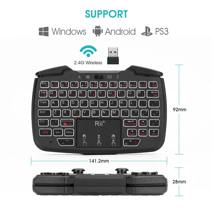 Rii RK707 2.4GHz Wireless Portable Game Controller Keyboard Mouse Combo Turbo Function for PC/Raspberry pi2/Android TV Google/TV