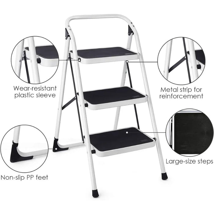 Goplus 3 Step Ladder, Folding Heavy Duty Step Stool Lightweight Steel Ladder with Handgrip and Wide Anti-Slip Platform for