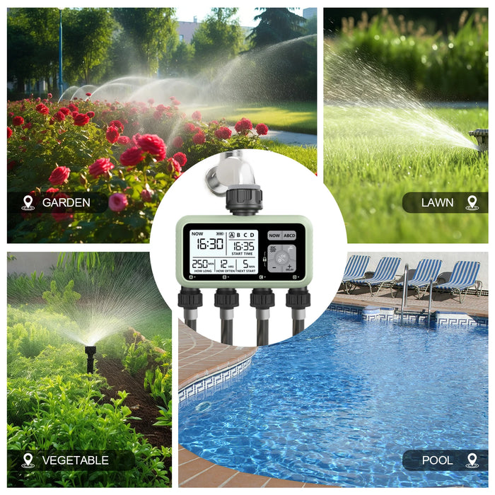 Reswat  4-Outlets Water Timer Automatic Drip Irrigation Controller Water Valve 4-way Independent Control Program Garden Tool