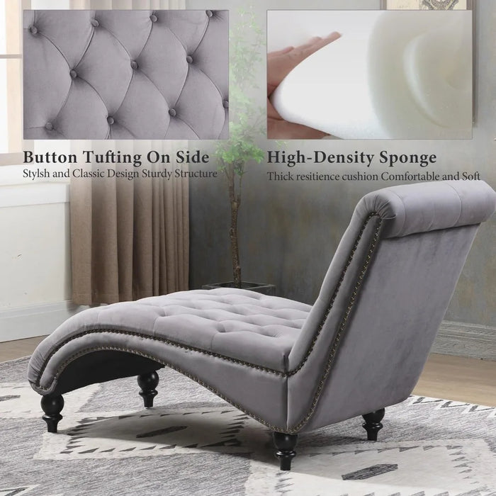 Tufted Chaise Lounge Chair Indoor, Velvet Chaise Lounges with Solid Wood Legs & Support Pillow