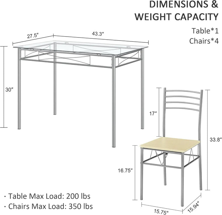 5 Piece Dining Table Set for 4 with Chairs, Glass Tabletop, Small Space, Silver