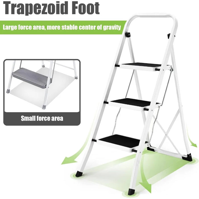 3 Step Ladder, Lightweight Folding Step Stools for Adults with Anti-Slip Pedal, Portable Sturdy Steel Ladder with Handrails