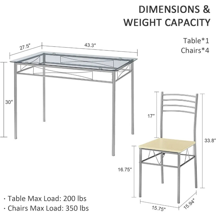 5-piece dining table set for 4 people, with chairs, glass countertop, small space, silver color