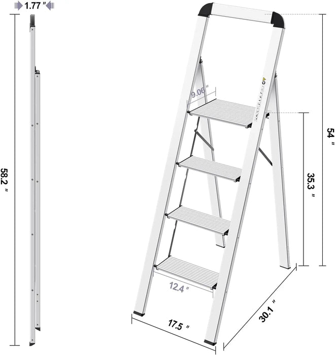 KINGRACK Aluminium 4 Step Ladder, Lightweight Step Stool with Non-Slip Pedals, Handrail, Foldable Step Ladder for Kitchen